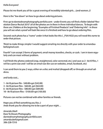 Dance ordering letter